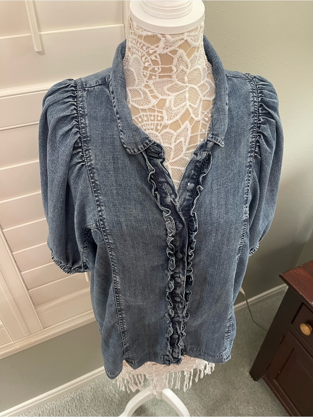 ivy jane Denim Ruffle-Trim Button Down Top - Light Blue